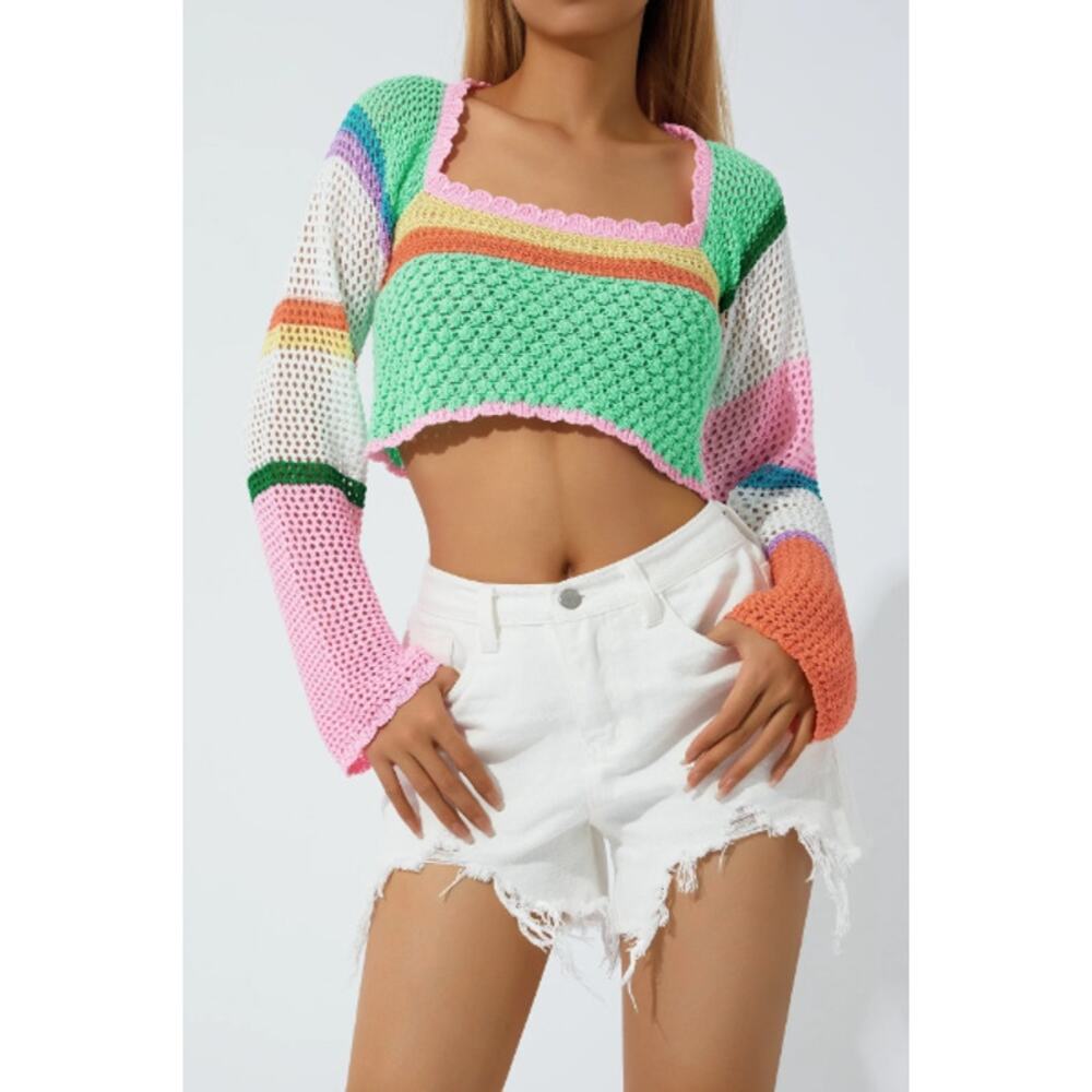 Women's Cropped Colorblock Knitted Multicolor Long Sleeve‎ Cropped Top Medium